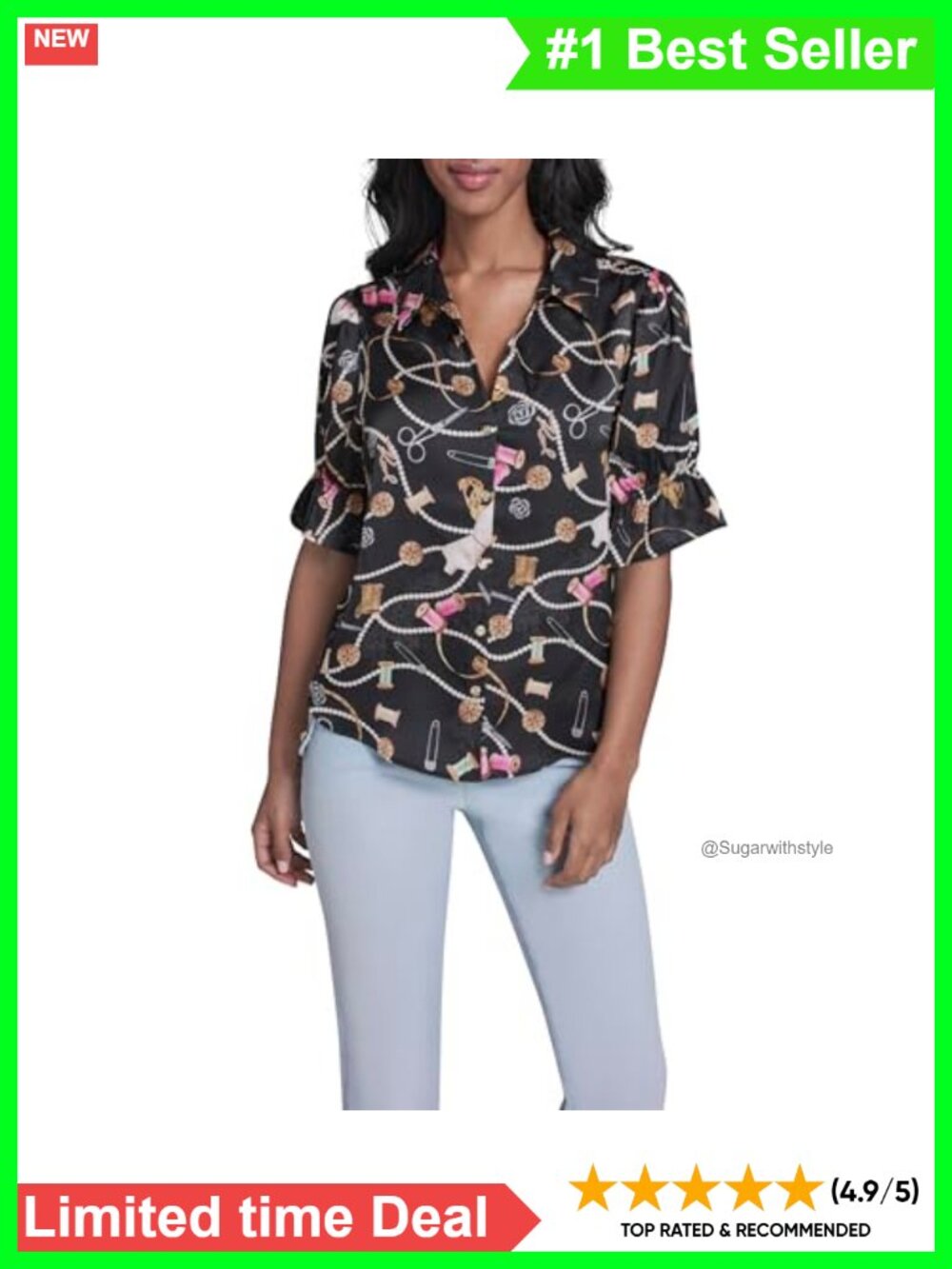 Ruffle Sleeve Button Down Blouse with Printed Sewing Theme